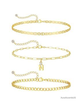 Initial Bracelet Set 14k Gold Plated A-Z Charm Layered Chain Bracelets Women